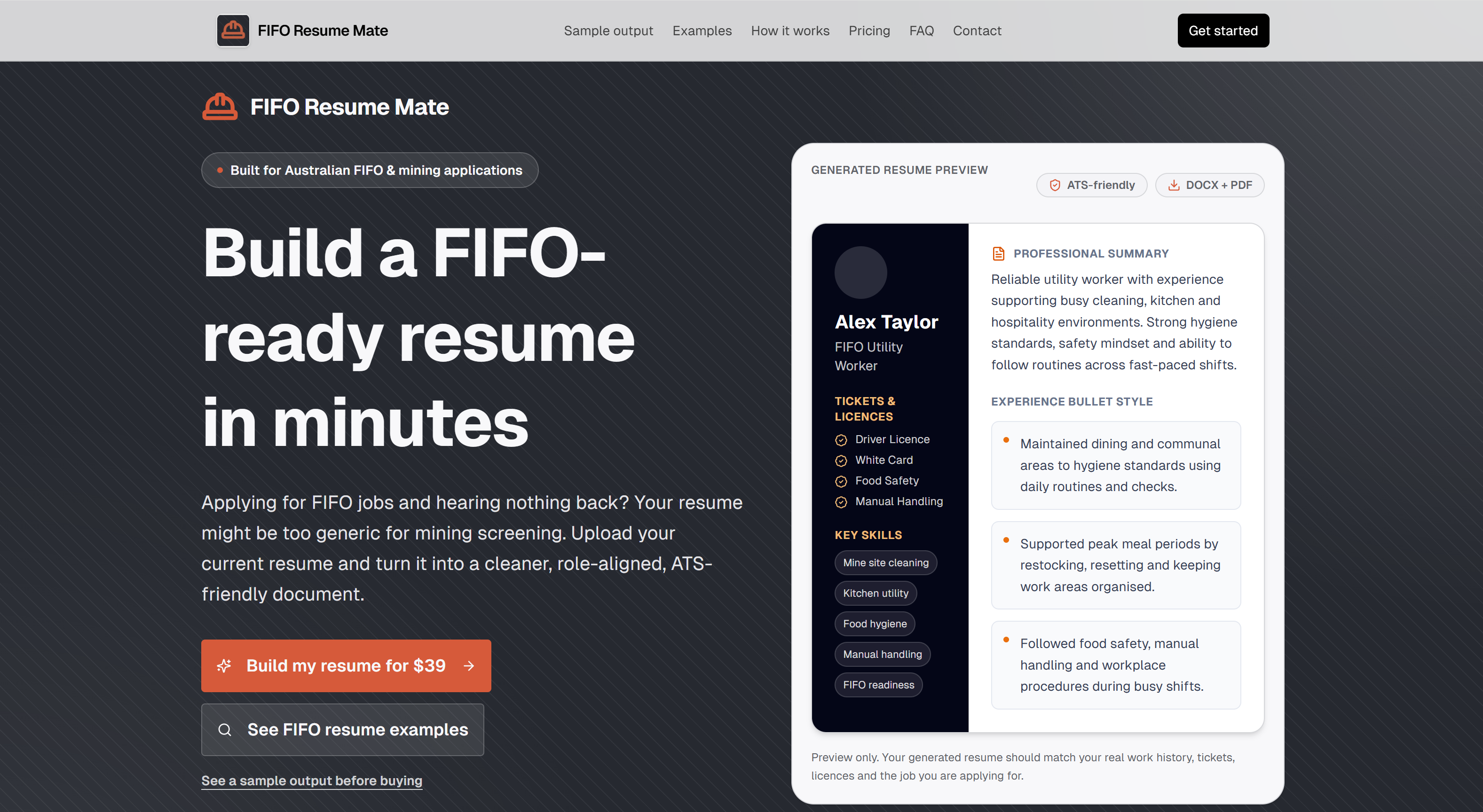 FIFO Resume Mate website screenshot