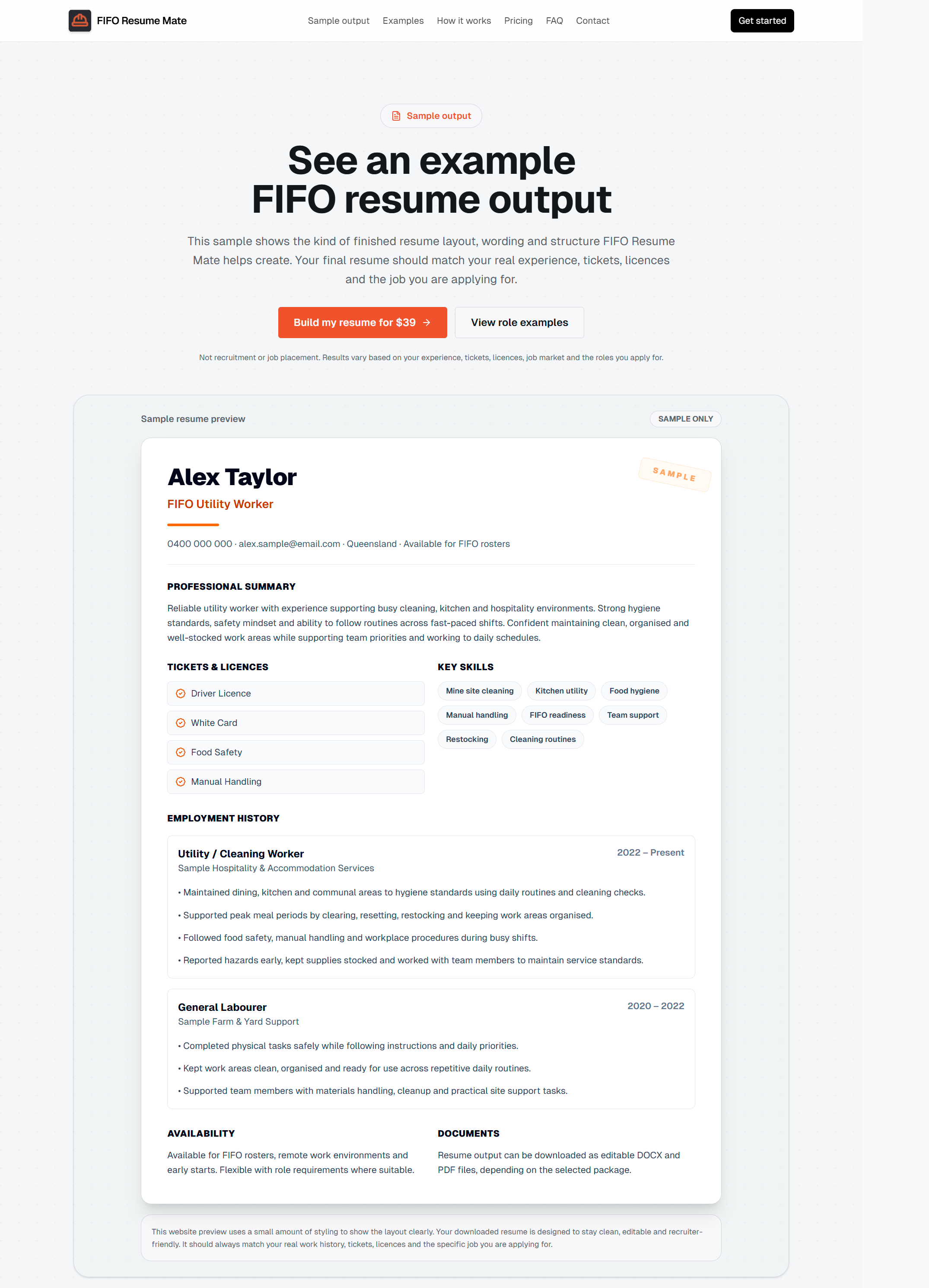 FIFO Resume Mate sample resume output screenshot