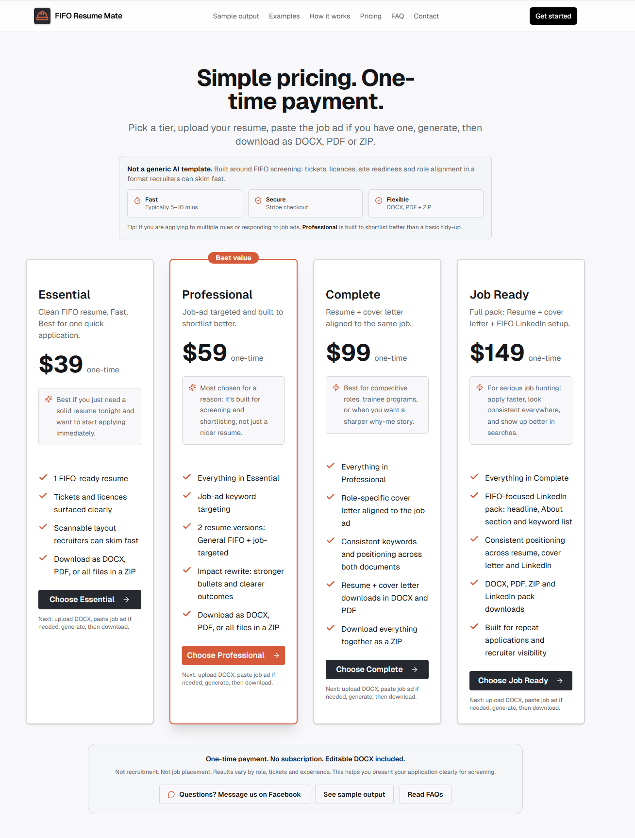 FIFO Resume Mate pricing section screenshot