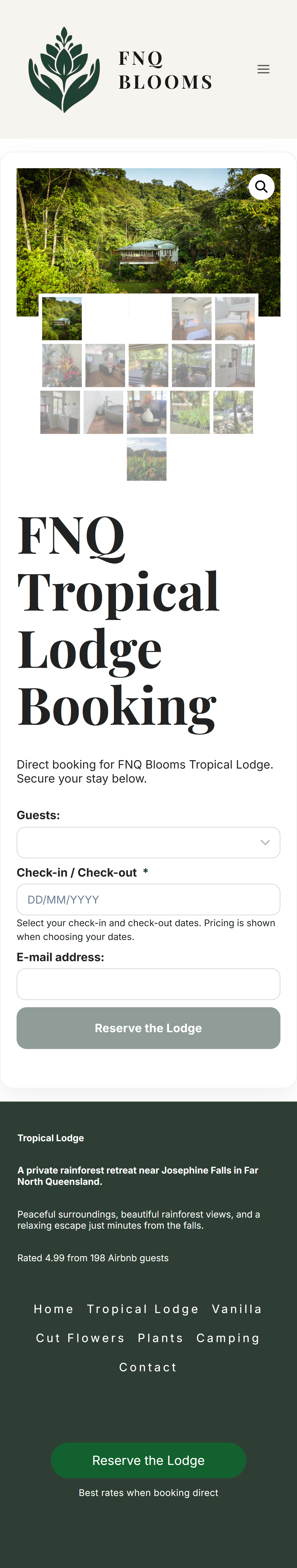 FNQ Lodge mobile booking page screenshot