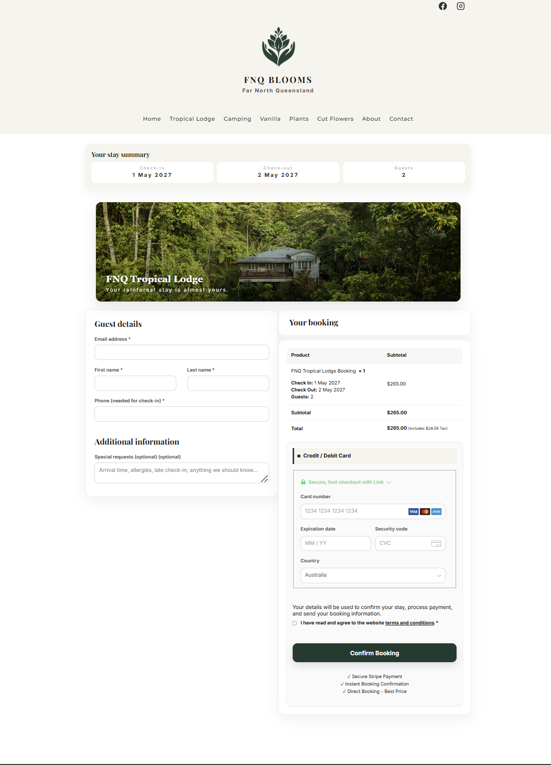 FNQ Lodge checkout page screenshot