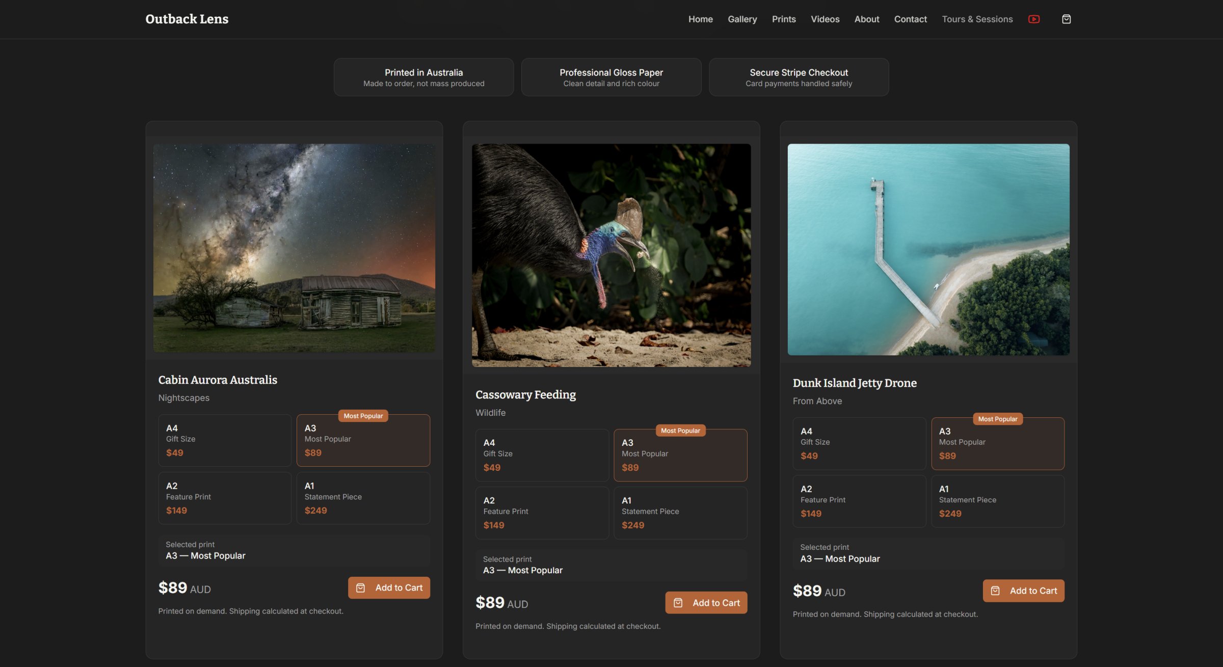 Outback Lens prints page screenshot